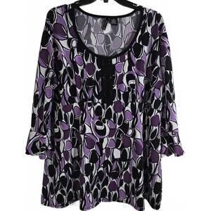 New Directions Purple and Black Patterned Long Sleeve Tunic Top Plus Size 2X